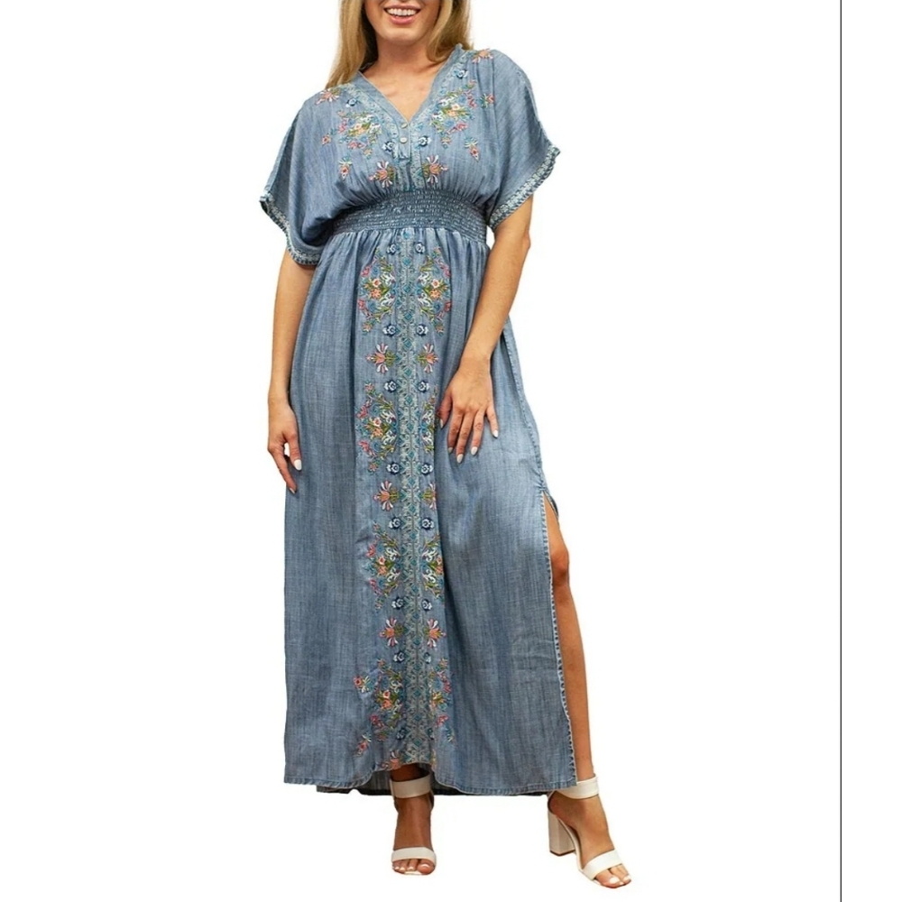 Karyn Seo Dani Embroidered Chambray Short Sleeve Maxi Dress